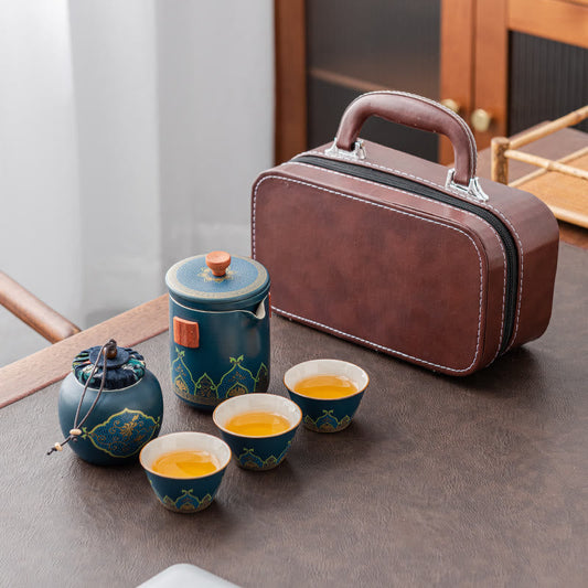 Mythstone Flower Chinese Gongfu Ceramic Teapot Portable Outdoor Travel Tea Set Bag