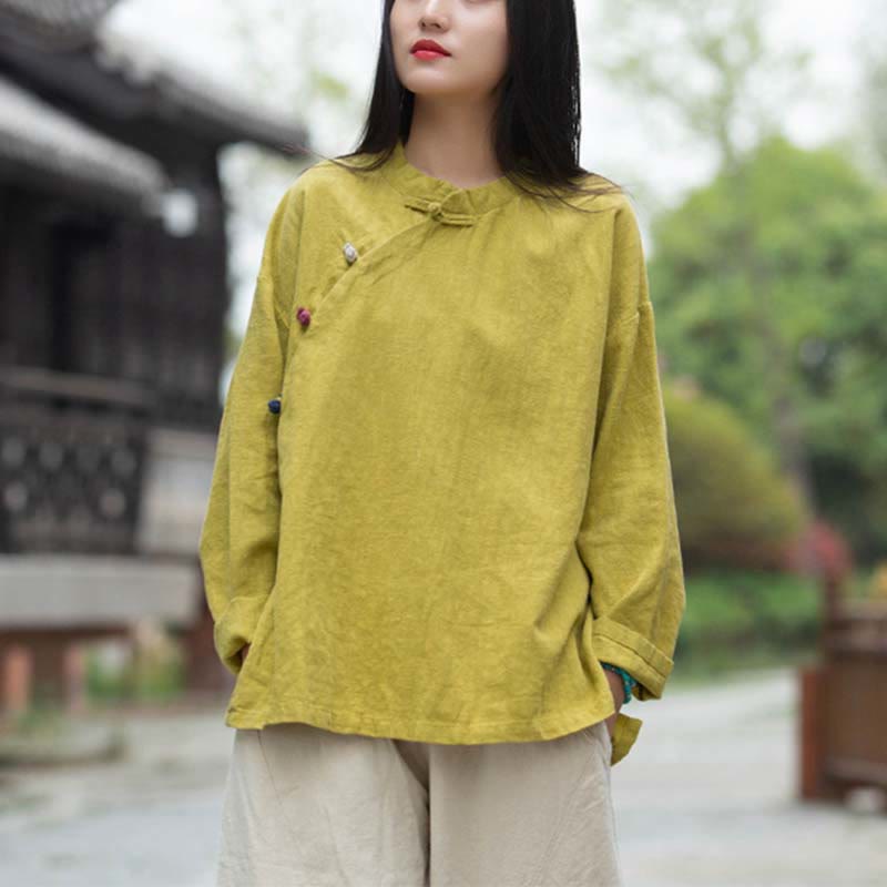 Blusa de lino con ramio Mythstone para mujer, estilo chino Hanfu