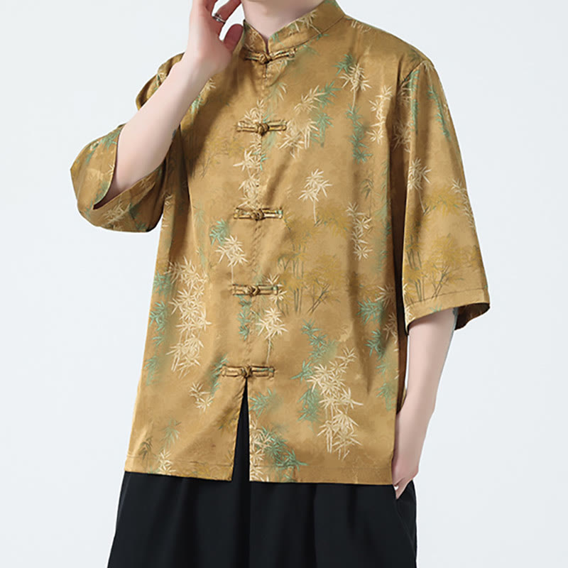 Mythstone Bamboo Leaves Pattern Chinese Half Sleeve Shirt Men T-shirt