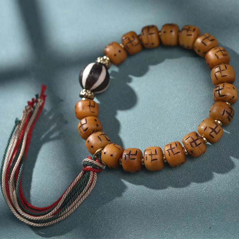 Mythstone Natural Tibetan Camel Bone Swastika Dzi Bead Shankha Buddha Charm Kirtimukha Luck Protection Tassel Bracelet