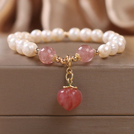 Mythstone Natural Pearl Strawberry Quartz Peach Love Heart Wisdom Charm Bracelet