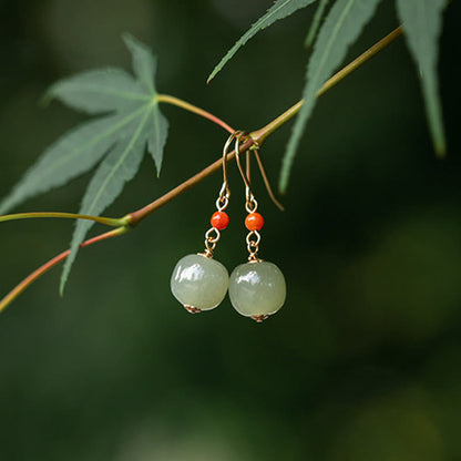 Mythstone 925 Sterling Silver 14K Gold Plated Hetian Jade Red Agate Luck Drop Dangle Earrings