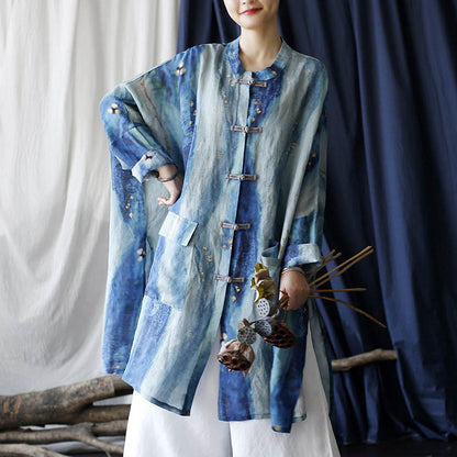 Mythstone Blue White Beige Small Flower Frog-button Design Long Sleeve Ramie Linen Jacket Shirt With Pockets