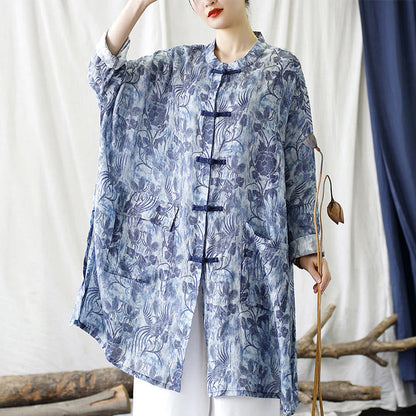 Mythstone Blue Flowers Butterfly Frog-Button Long Sleeve Ramie Linen Jacket Shirt With Pockets