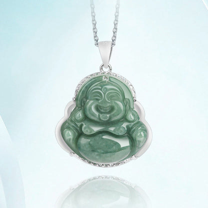 Mythstone 925 Sterling Silver Laughing Buddha Jade Abundance Necklace Chain Pendant