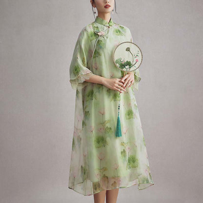 Mythstone 100% Mulberry Silk Organza Green Lotus Leaf Pink Lotus Print Qipao Cheongsam Dress