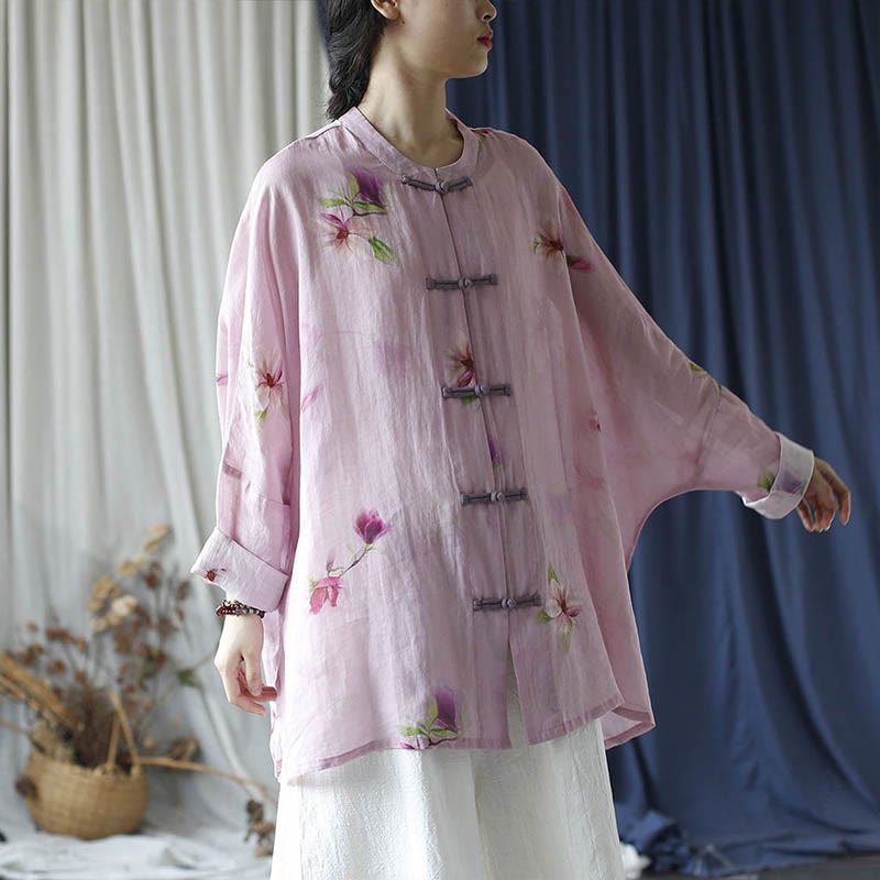 Mythstone Pink Flower Print Frog-button Design Batwing Long Sleeve Ramie Linen Jacket Shirt