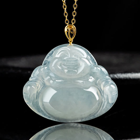 Laughing Buddha Natural Jade 18K Gold Abundance Necklace Pendant