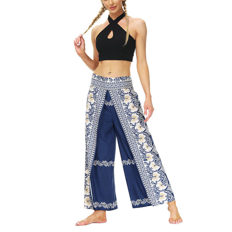 Mythstone Boho Flower Vine Split Thigh Wide Leg Pants Sports Fitness Dance Women's Yoga Pants