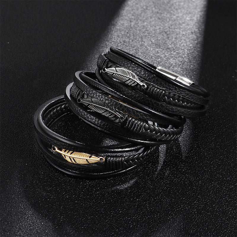 Mythstone Feather Pattern Multilayer Leather Titanium Steel Calm Braided Magnetic Buckle Bracelet