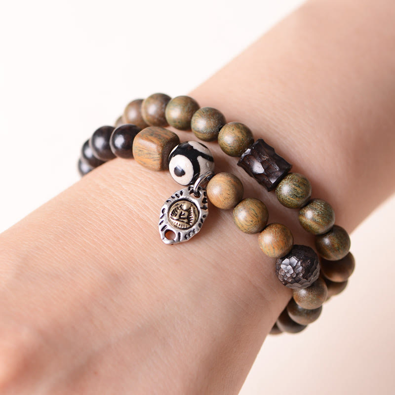 Mythstone Tibetan Green Sandalwood Ebony Wood Three-eyed Dzi Bead Fu Character Balance Peace Double Wrap Bracelet