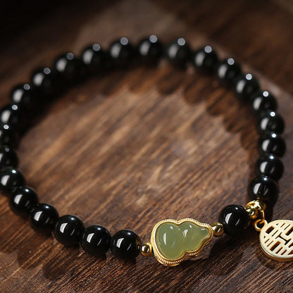 MythStone Natural Black Obsidian Hetian Jade Gourd Double Happiness Strength Bracelet