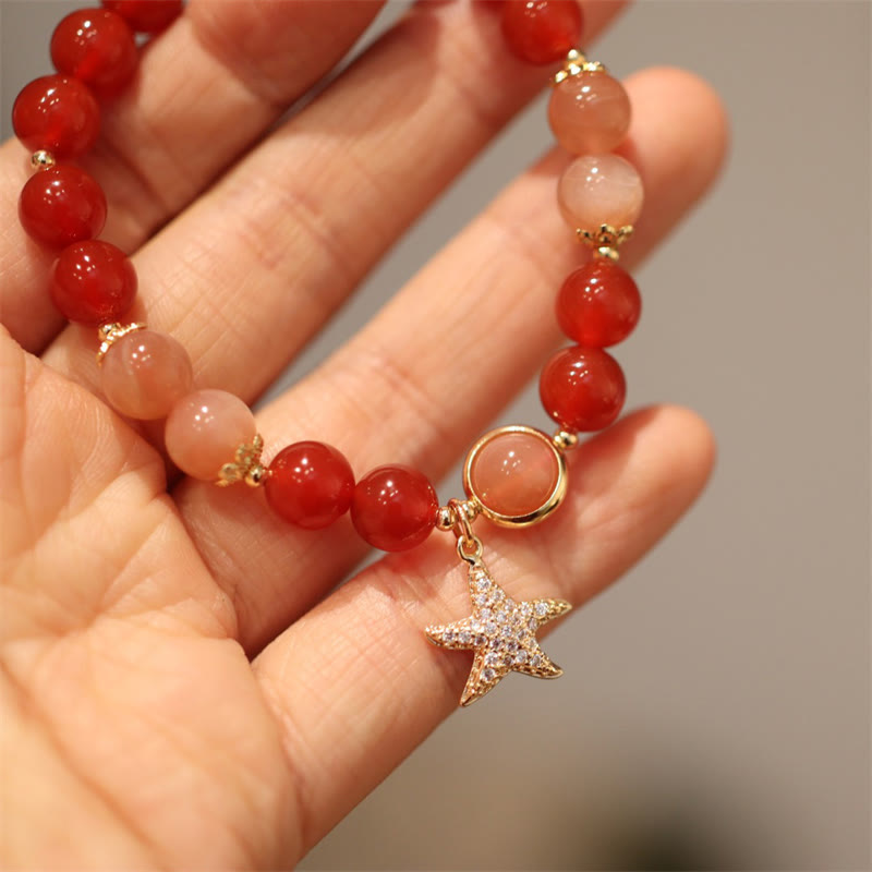 Pulsera de la riqueza con piedra solar, piedra lunar, melocotón y ágata roja y cristal de estrella