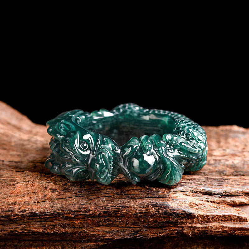 Mythstone Natural Cyan Jade Dragon Carved Success Ring