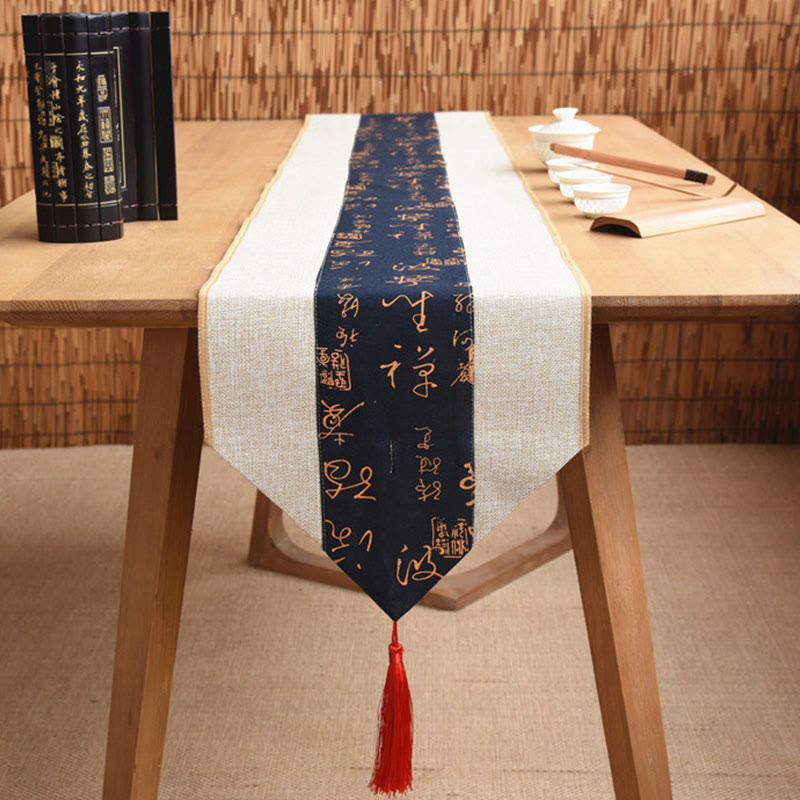 Mythstone Classic Chinese Style Lotus Koi Fish Flower Crane Calligraphy Enlightenment Cotton Linen Tassels Table Runner