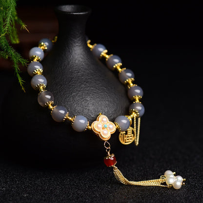 Mythstone Natural Gray Agate Fu Character Pearl Tassel Balance Bracelet