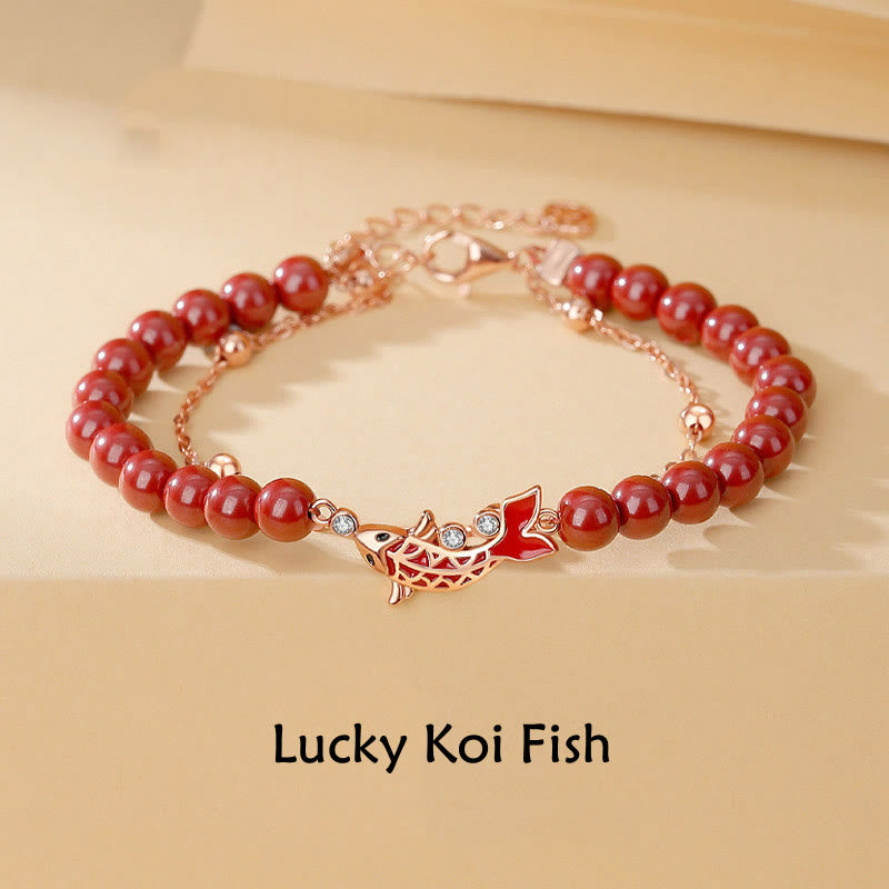 Mythstone 925 Sterling Silver Lucky Koi Fish Cinnabar Zircon Prosperity Double Layer Chain Bracelet