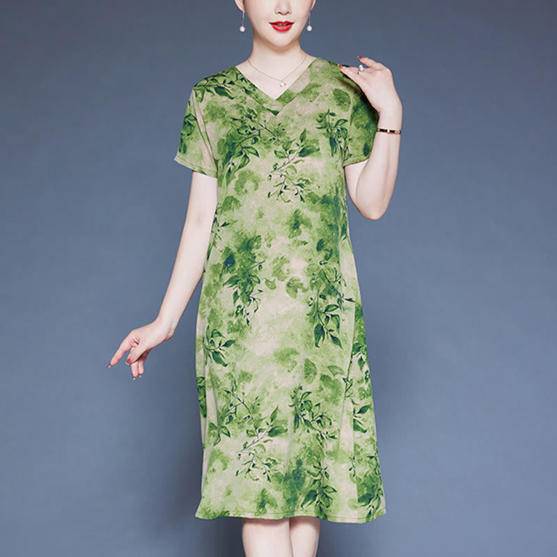 Mythstone V-Neck Green Leaves Flowers Pattern Short Sleeve Midi Dress With Pockets