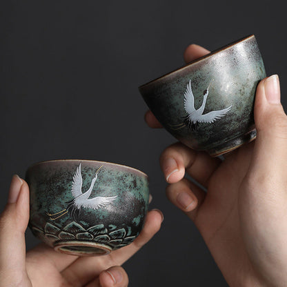 Mythstone Auspicious Crane Ceramic Teacup Kung Fu Tea Cup Bowl