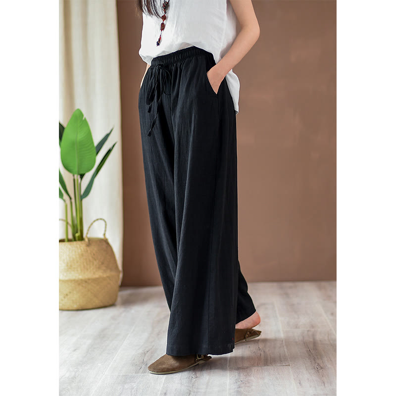 Mythstone Loose Cotton Linen Drawstring Wide Leg Pants With Pockets