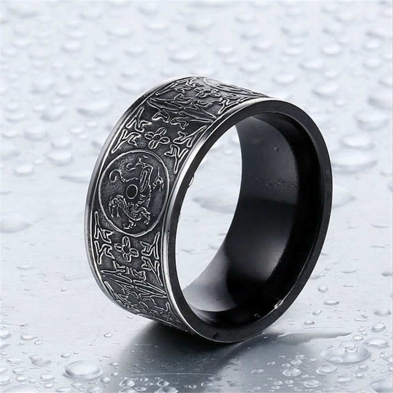 Mythstone Four Guardian Beast Dragon White Tiger Suzaku Basalt Carved Success Luck Ring