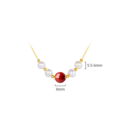 Mythstone 925 Sterling Silver Pearl Cinnabar Sincerity Healing Bead Chain Necklace Pendant