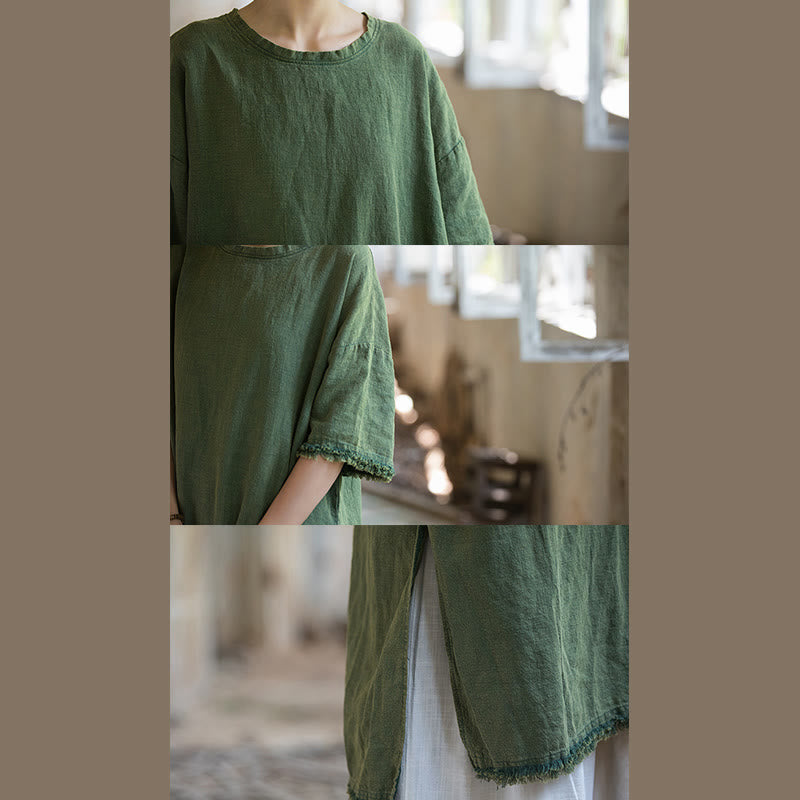 Mythstone Mid Length Dress Ramie Linen Half Sleeve Split Hem Top T-Shirt