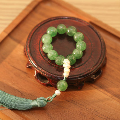 Mythstone Green Strawberry Quartz Pearl Soothing Wrist Mala