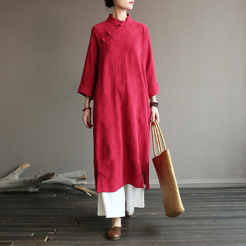 Mythstone Flower Jacquard Midi Dress Long Sleeve Cotton Linen Dress Wide Leg Pants With Pockets