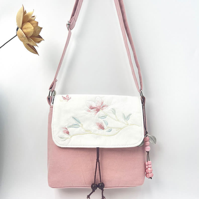 Bolso bandolera con bordado de camelia, epifilo, gardenia y flores de cerezo de Mythstone, bolso de hombro, bolso para teléfono móvil