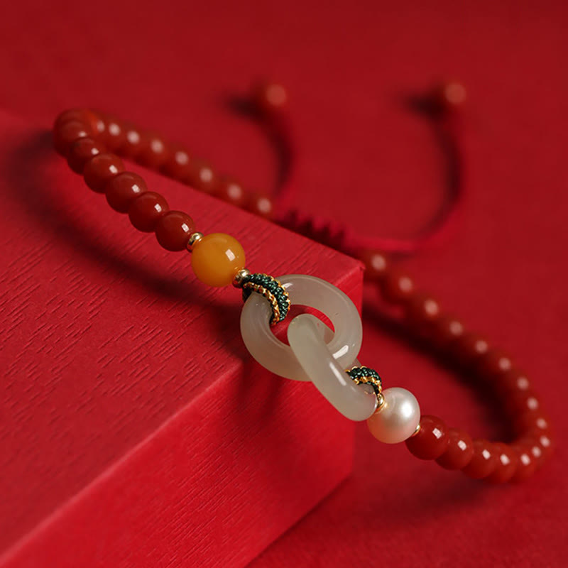 Mythstone Natural Red Agate Hetian Jade Double Peace Buckle Confidence Bracelet