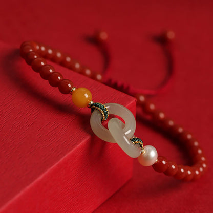 Mythstone Natural Red Agate Hetian Jade Double Peace Buckle Confidence Bracelet