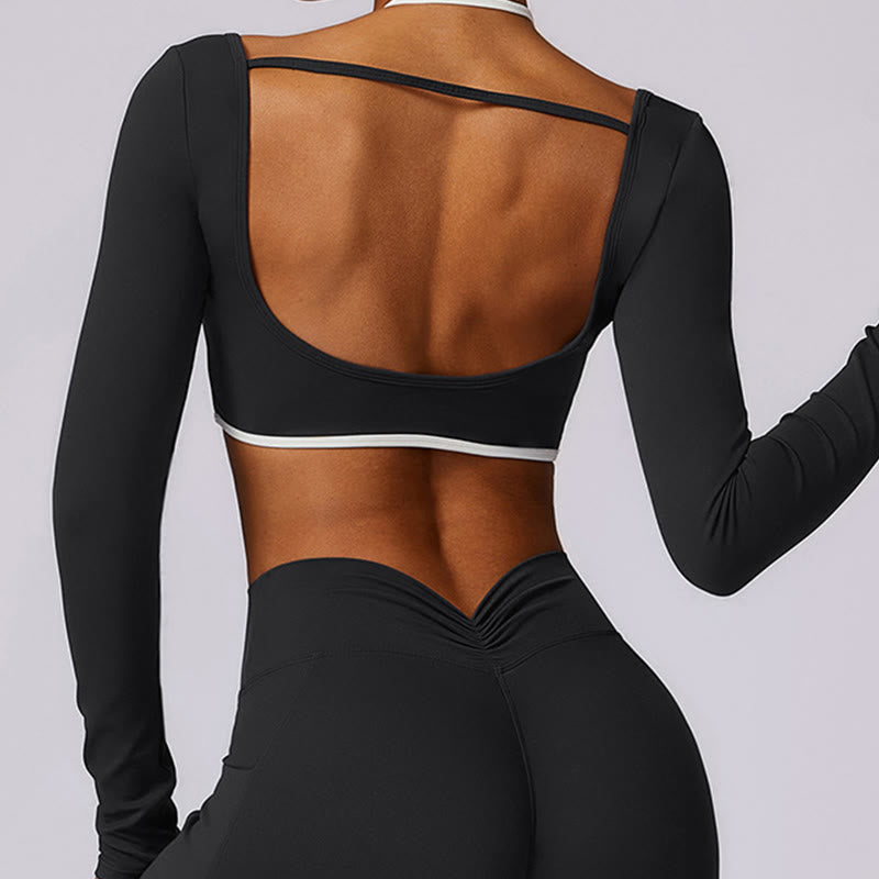 Mythstone Solid Color Halter Neck Bra Long Sleeve Crop Tank Top Pants Sports Fitness Gym Yoga Outfits