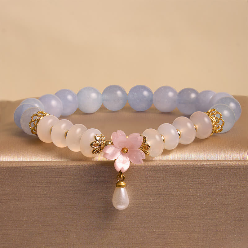 Mythstone Aquamarine White Agate Pearl Abacus Beads Flower Healing Bracelet