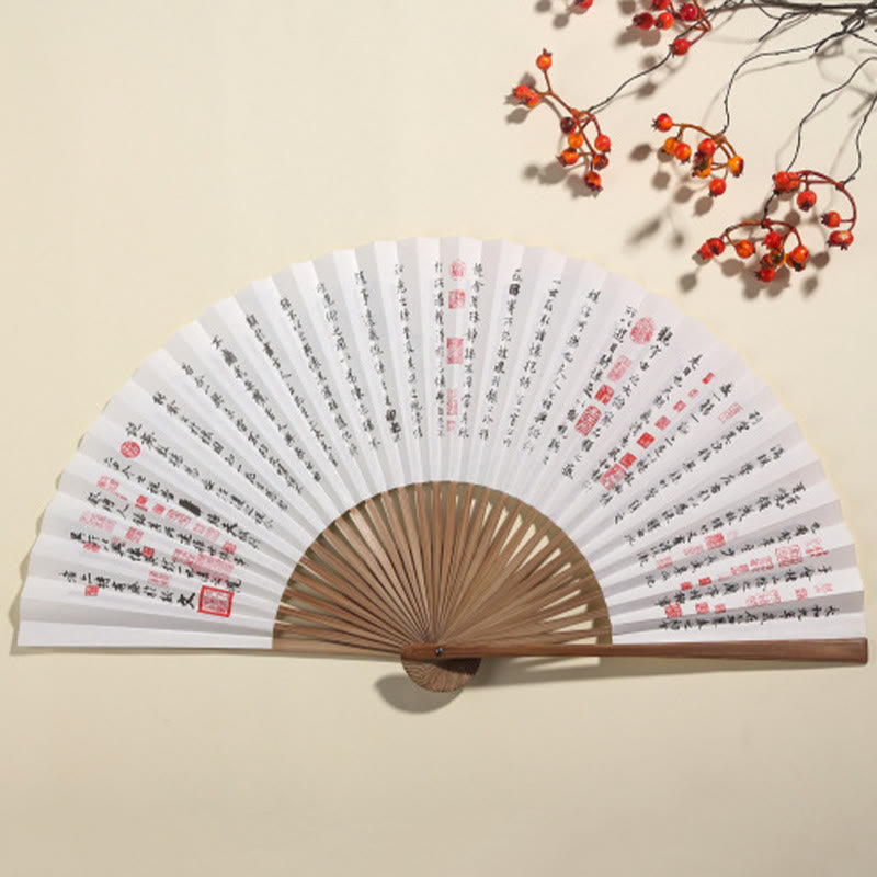 Mythstone Pine Tree Garden Peony Handheld Paper Bamboo Folding Fan 26cm