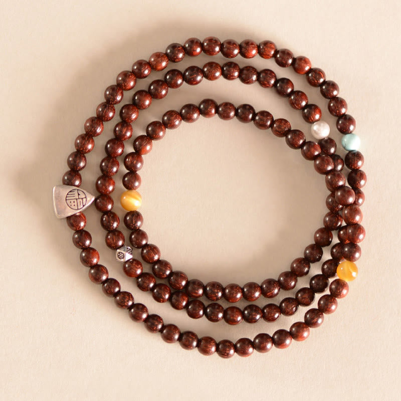 Mythstone 925 Sterling Silver Indian Small Leaf Red Sandalwood Fu Character Protection Triple Wrap Bracelet