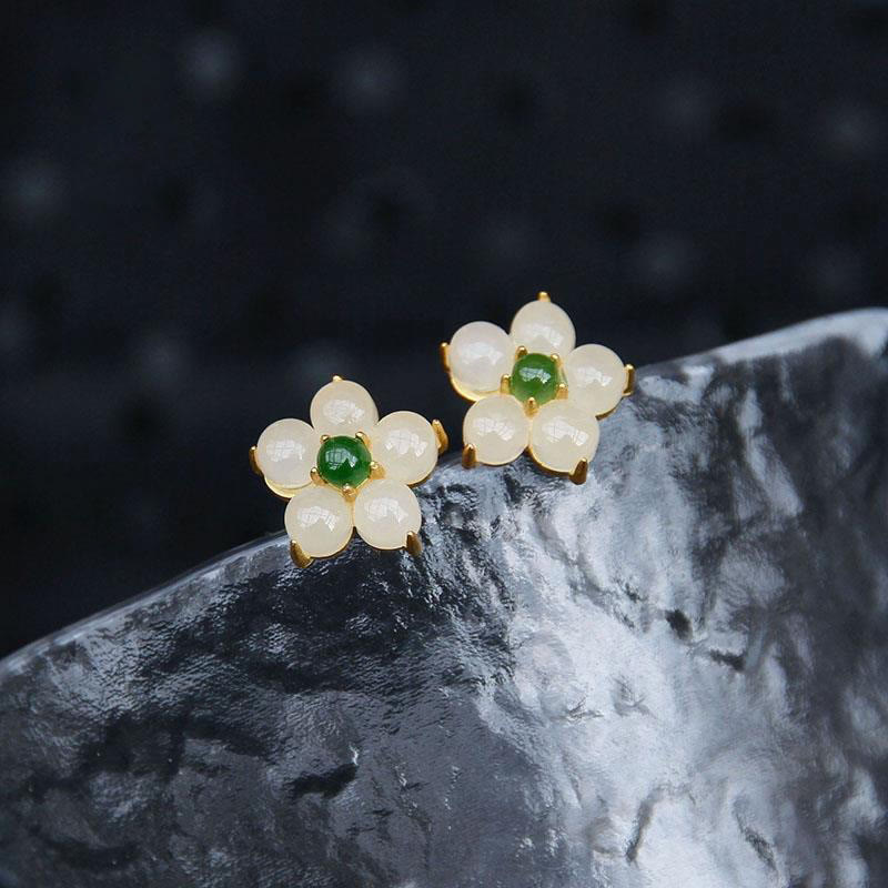 Mythstone White Jade Flower Luck Blessing Stud Earrings