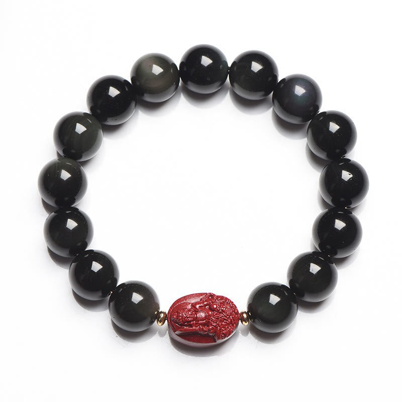 Mythstone Chinese Zodiac Natal Buddha Natural Black Obsidian Cinnabar Purification Bracelet