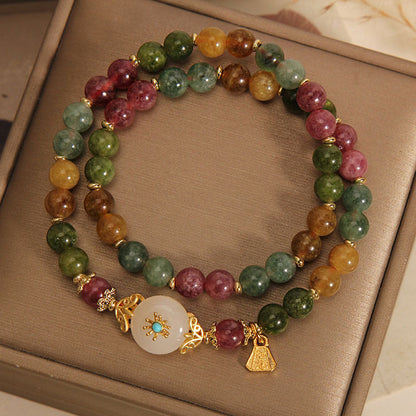 Mythstone Natural Multicolored Tourmaline Positive Jade Flower Double Wrap Bracelet