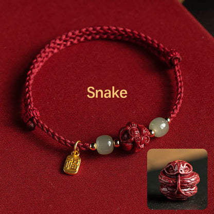 Mythstone Natural Cinnabar Chinese Zodiac Hetian Jade Fu Character Luck Rope Bracelet Bracelet Mythstone Snake(Wrist Circumference 14-18cm)