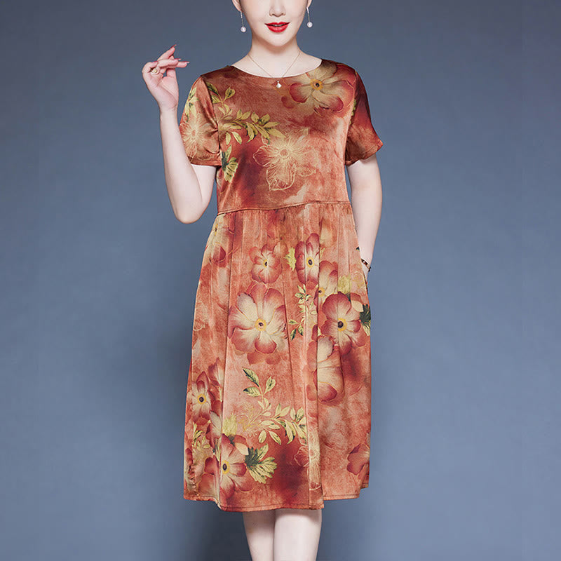 Mythstone Flowers Leaves Short Sleeve Midi Dress With Pockets