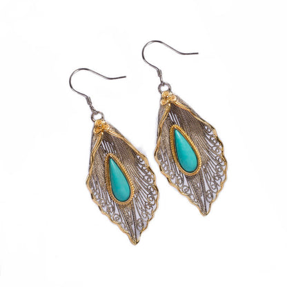 Mythstone 925 Sterling Silver Turquoise Bodhi Leaf Pattern Protection Drop Dangle Earrings