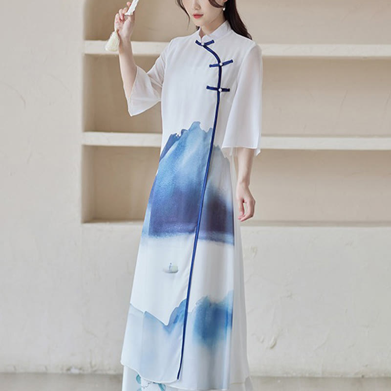 Mythstone Blue Landscape Painting Three Quarter Chinese Cheongsam Midi Dress