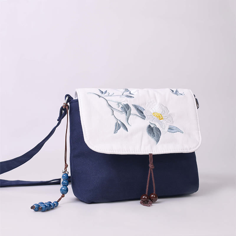 Bolso bandolera con bordado de camelia, epifilo, gardenia y flores de cerezo de Mythstone, bolso de hombro, bolso para teléfono móvil