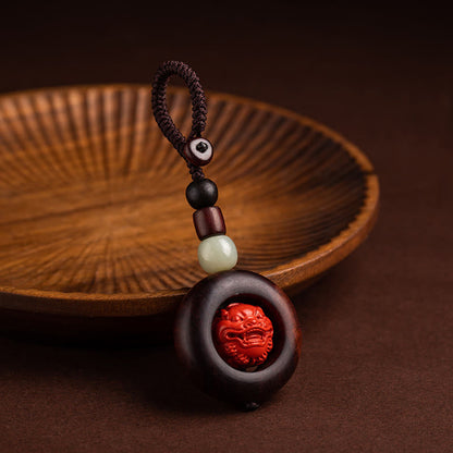 Mythstone Tibet Om Mani Padme Hum PiXiu Copper Coin Small Leaf Red Sandalwood Cinnabar Protection Key Chain