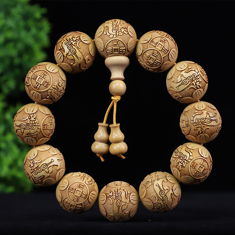 Mythstone Chinese Zodiac Rosewood Ebony Boxwood Copper Coin PiXiu Carved Warmth Bracelet