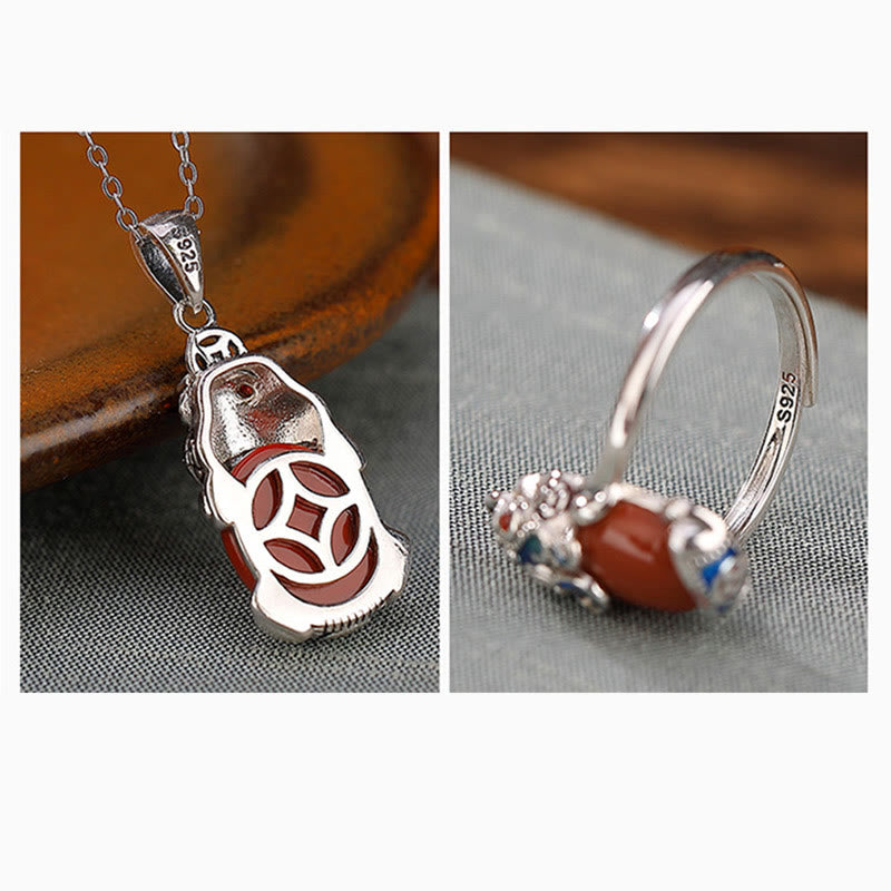 Mythstone 925 Sterling Silver Red Agate Copper Coins PiXiu Protection Ring Necklace Pendant Set