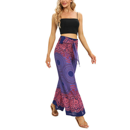 Mythstone Bohemian Compass Flower Print Lace-up Wide Leg Pants Women's Yoga Pants