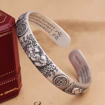 Mythstone Tibetan PiXiu Heart Sutra Coin White Copper Wealth Bracelet Adjustable Bangle