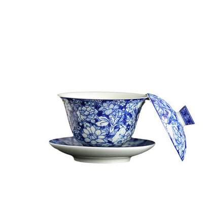 Mythstone Vintage Blue And White Porcelain Ceramic Gaiwan Sancai Teacup Kung Fu Tea Cup And Saucer With Lid